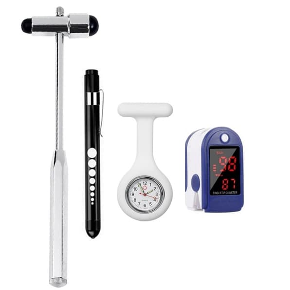 Kit Martelo Buck Inox + Oxímetro Dedo + Relógio Lapela + Lanterna Clínica LED | Enfermagem Saúde