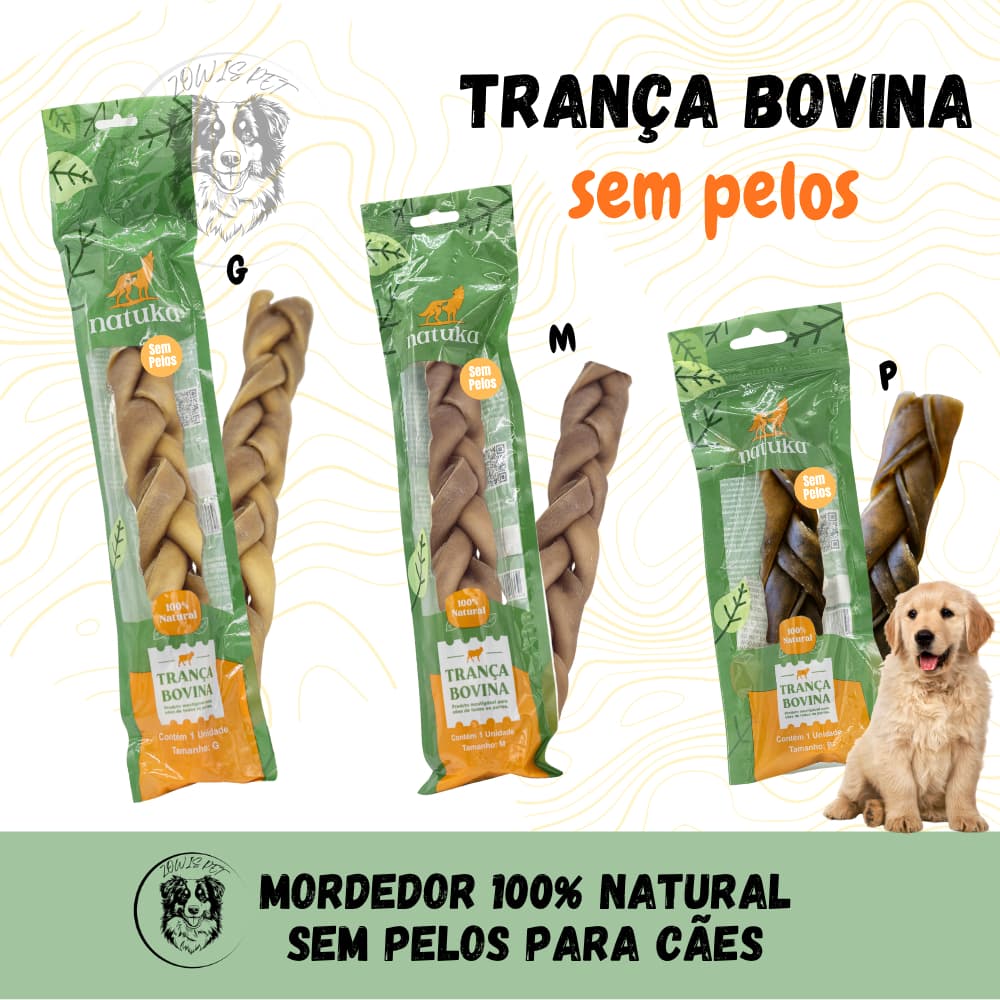 Trança de Couro Pele Bovina Sem Pelos para Cachorro Cães Natuka Mordedor Natural Pet P M G