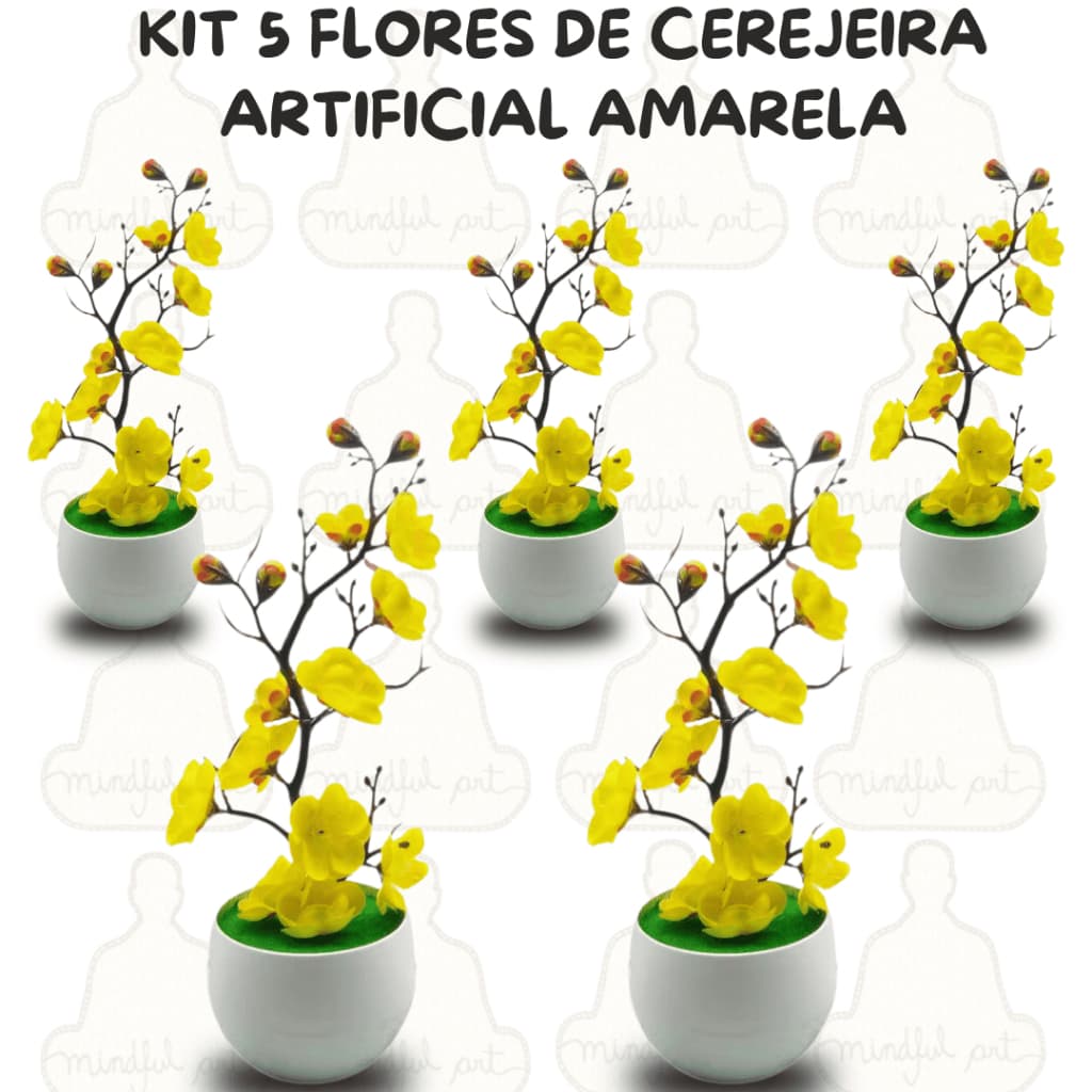 Kit 5 Flores Bonsais de Cerejeira Amarelo Artificial – Estilo, Harmonia e Alto Impacto Visual
