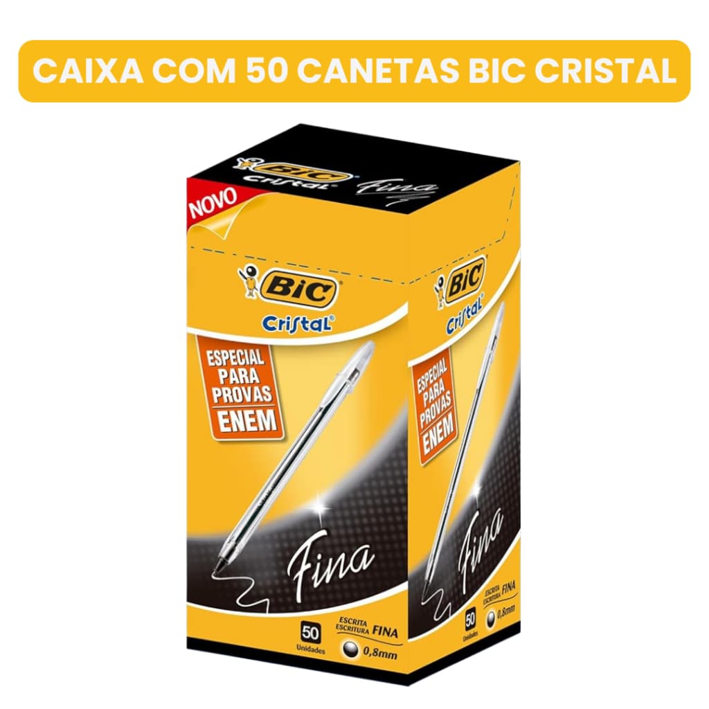 Caixa com 50 Canetas BIC Cristal Fina 0.8mm Preta – Escrita Suave e Precisa