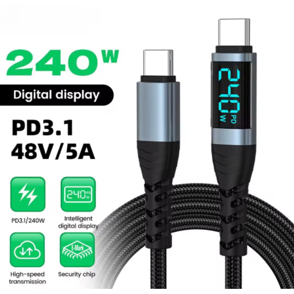 Cabo usb tipo c para usb c cabo pd3.1 240w fio de carregamento super rápido 480Mbps com display led para iphone xiaomi s