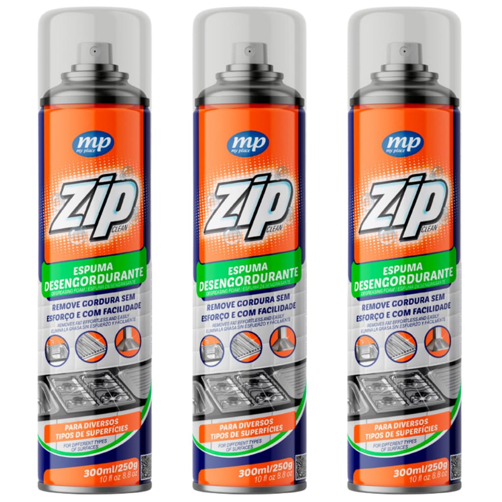 Kit 3 Espuma Desengordurante Zip 300ml Limpa Fogão, Coifas, Grelhas, Exaustores e Pia – Removedor de Gordura Cozinha