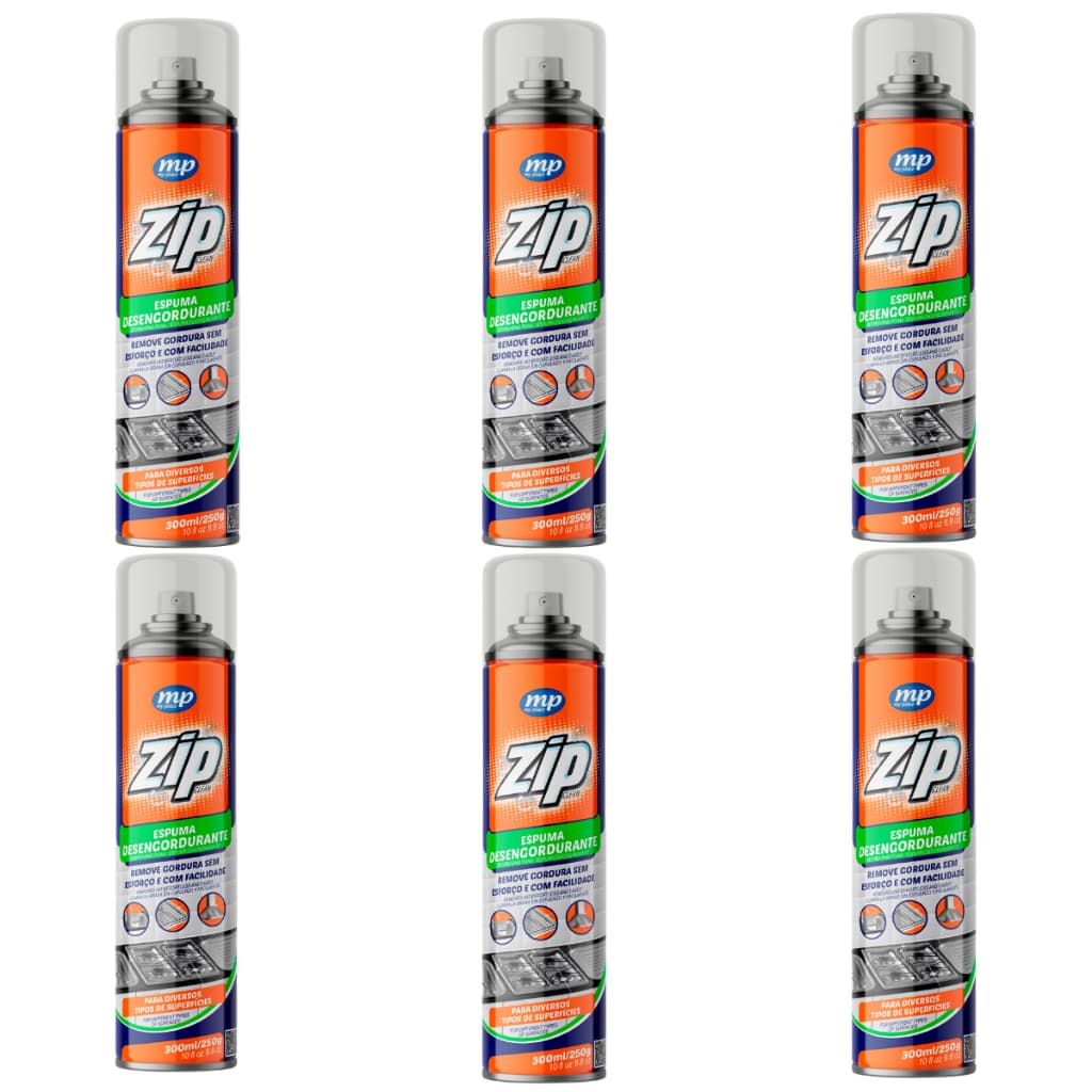 Kit 6 Espuma Desengordurante Zip 300ml Limpa Fogão, Coifas, Grelhas, Exaustores e Pia – Removedor de Gordura Cozinha