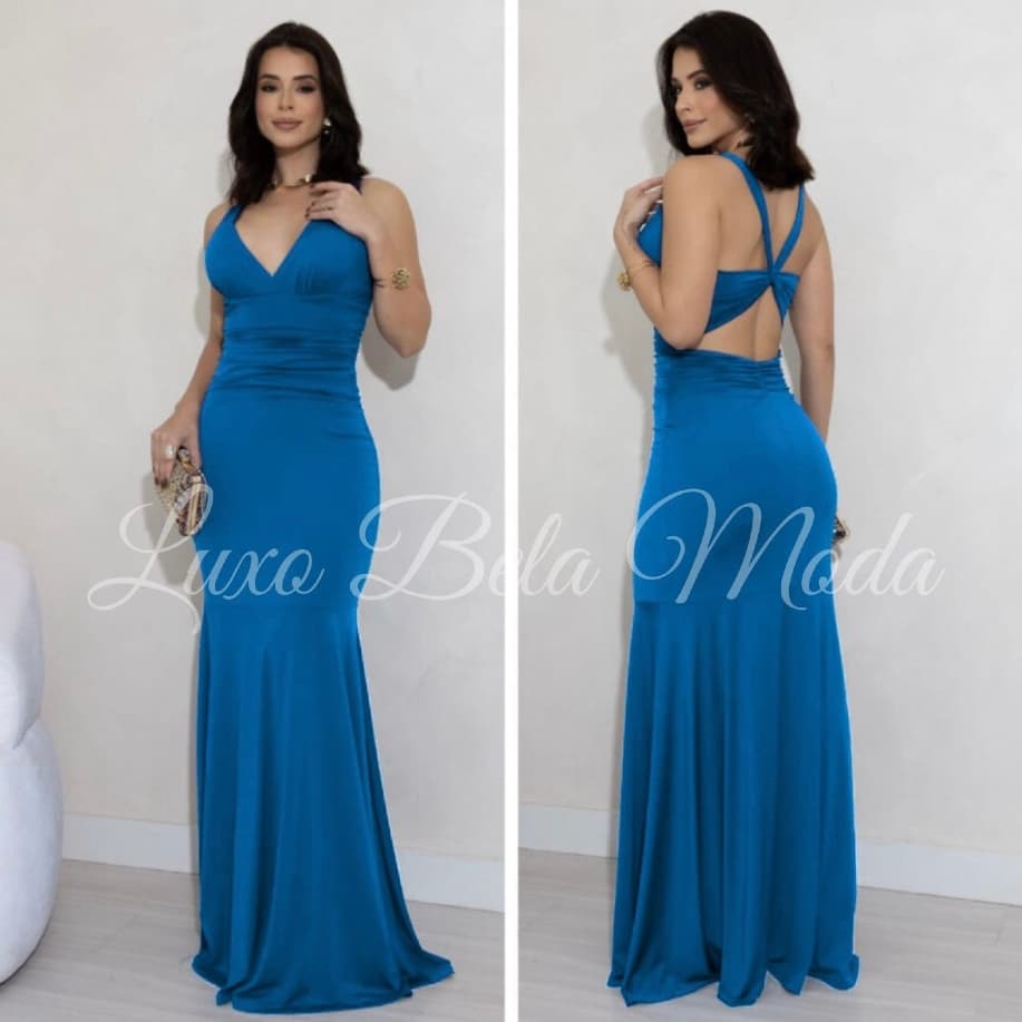 Vestido Longo Fluity Sereia com Bojo e Forro Alças Cruzadas Festa/ Madrinha/ Casamento/ Convidada