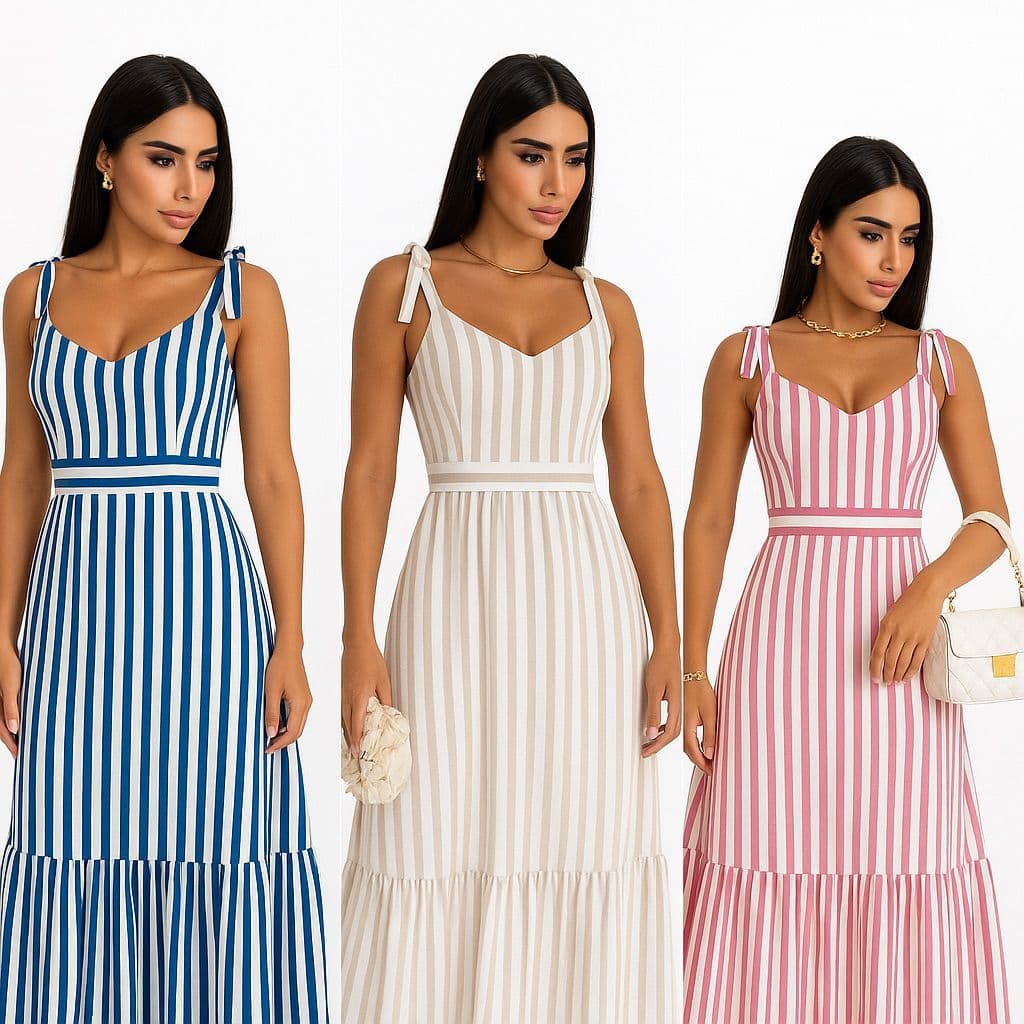 Vestido Feminino listrado Midi de Alça – Estilo Casual Chic, Tendência Verão 2025