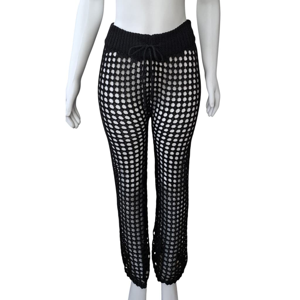 Calça Flare de Crochê Preto Vazado (Saída de Praia)