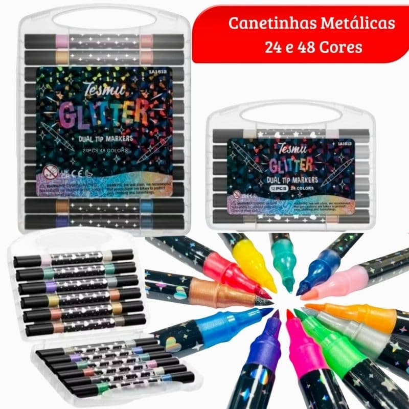 Kit Canetinhas com 24/48 Cores Metálicas Touch Glitter Ponta Dupla