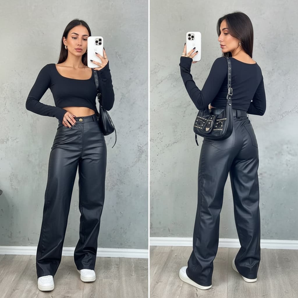 Calça de Couro Fake Wide Leg Pantalona Feminina PU Sintético Zíper Botão Bolso