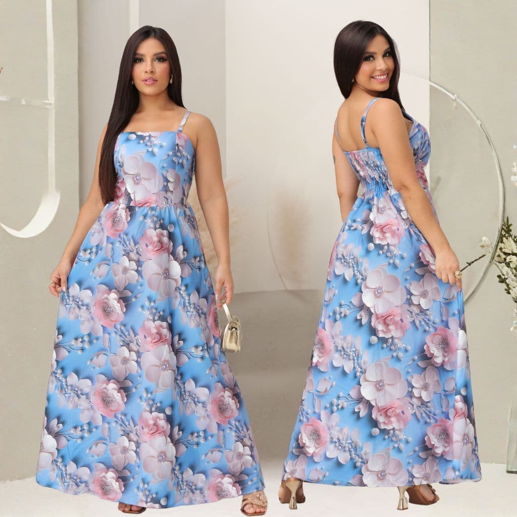 Vestido Longo Floral Feminino Azul Elegante Alça Fina Verão Festa Casual Moda 2026
