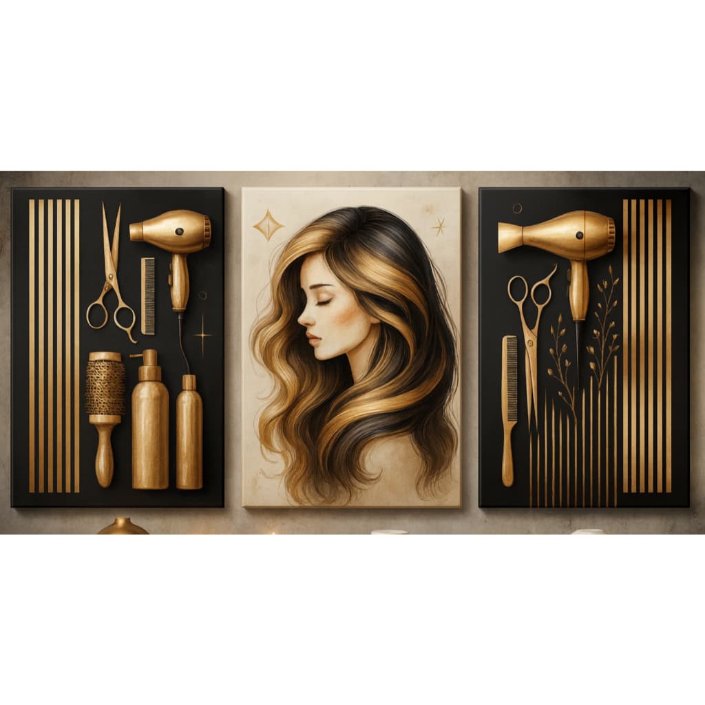 Trio quadro decoração salão de cabelo escova mulher moderna vaidosa