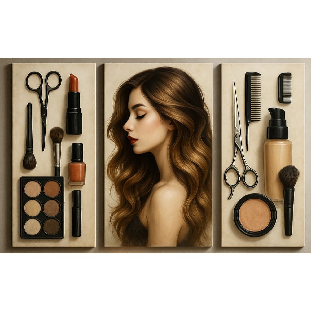 Quadro decorativo salão de beleza 3 peças 60x40 estética feminina secador e escova