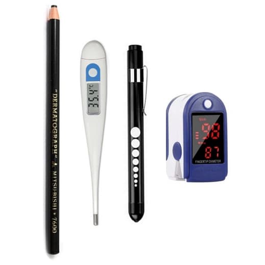 Kit Oxímetro Dedo + Lanterna Clínica + Lápis Derma + Termômetro | Enfermagem Fisioterapia Saúde