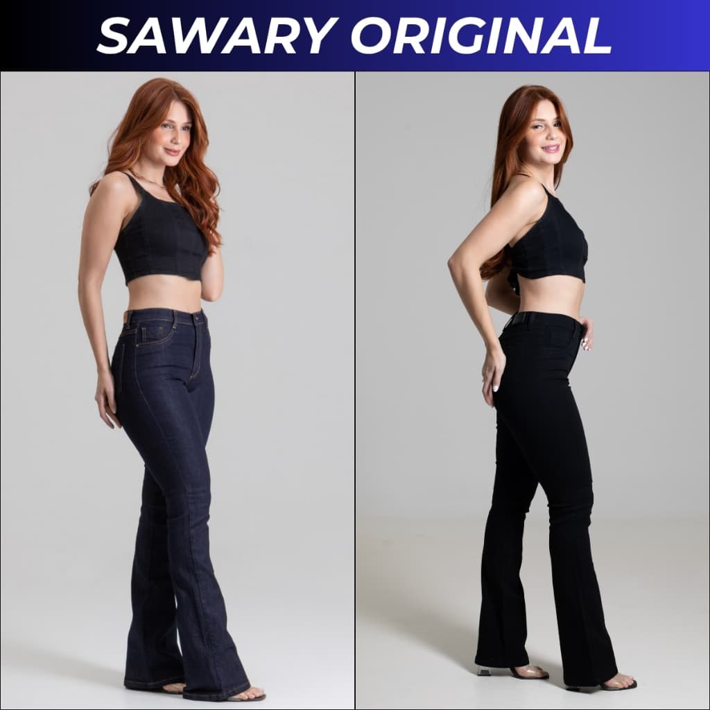 Calça Jeans Feminina Sawary Original Com Lycra Elastano Flare Fler Boca Sino Jens Jeas Denim Brim