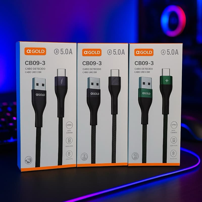 Kit 3 Cabos USB Tipo-C 5A Turbo Trançado Reforçado Preto Verde Cinza Carregamento Rápido