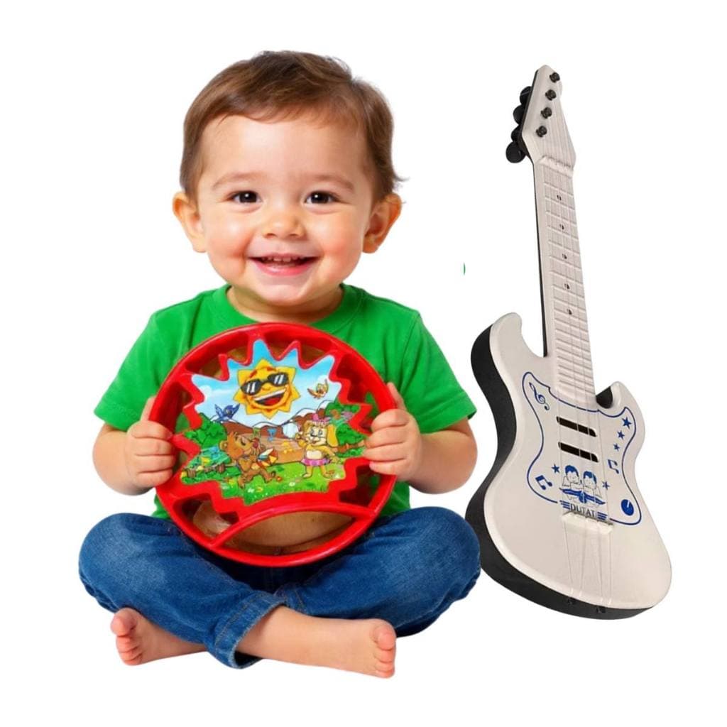 Pandeiro Infantil e Guitarra Brinquedo Kit 2 Instrumentos Musicais Pandeirinho Escolar Didatico