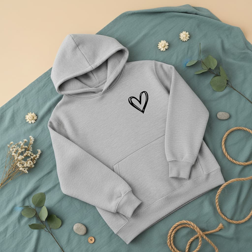 Moletom Feminino Com Capuz E Bolso Estampa Coração Minimalista 100% Algodão