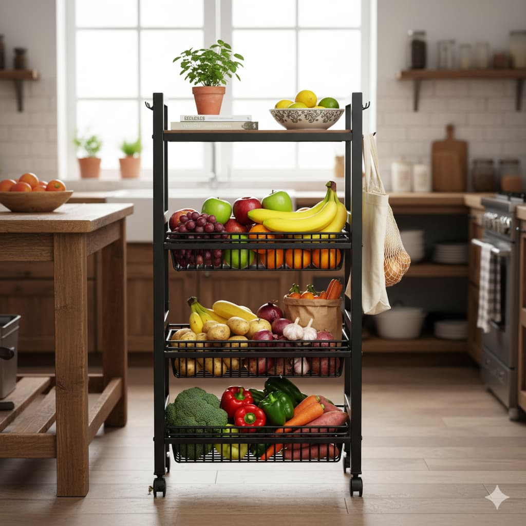Fruteira Multiuso com Cestos e Rodinha - Preta