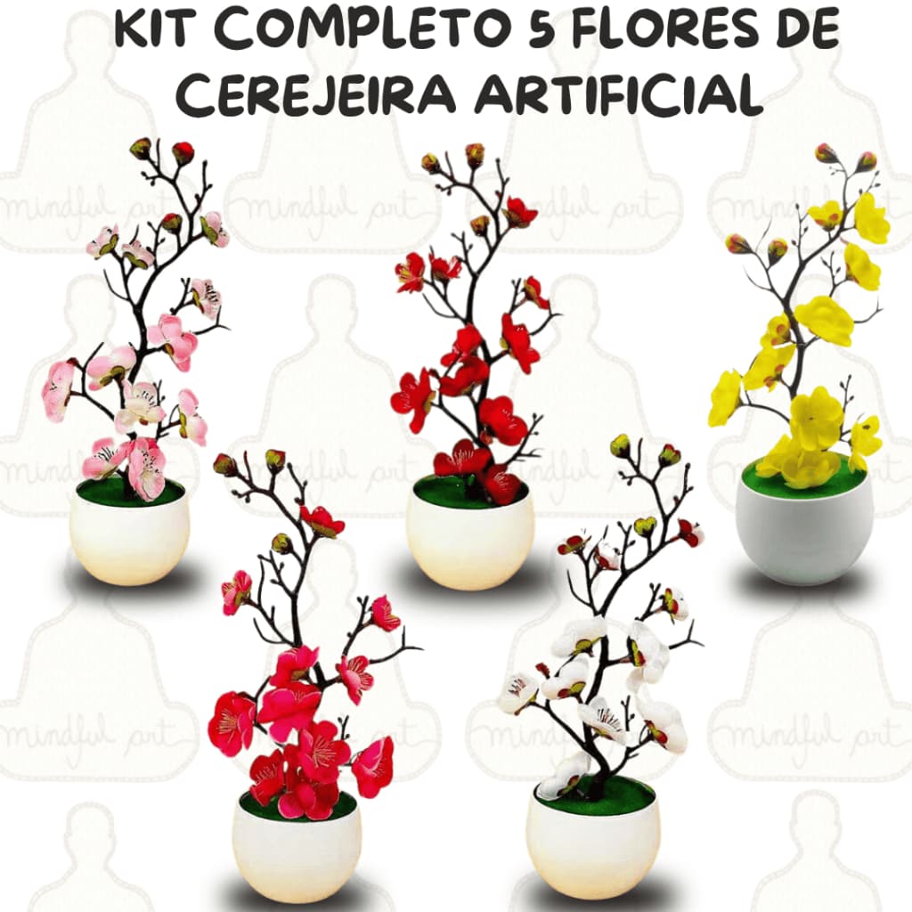 Kit Completo 5 Flores de Cerejeiras Vermelha Rosada Amarela Branca e Rosa Beleza Harmonia Decorativa