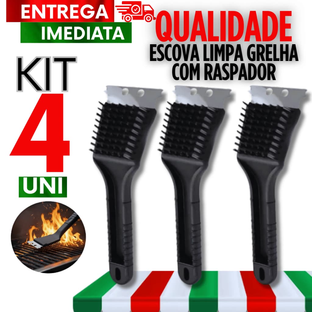 Kit Escova Para Grelha 04 Unidades - em Aço Limpa Grelha de Churrasqueira Com Raspador Resistencia