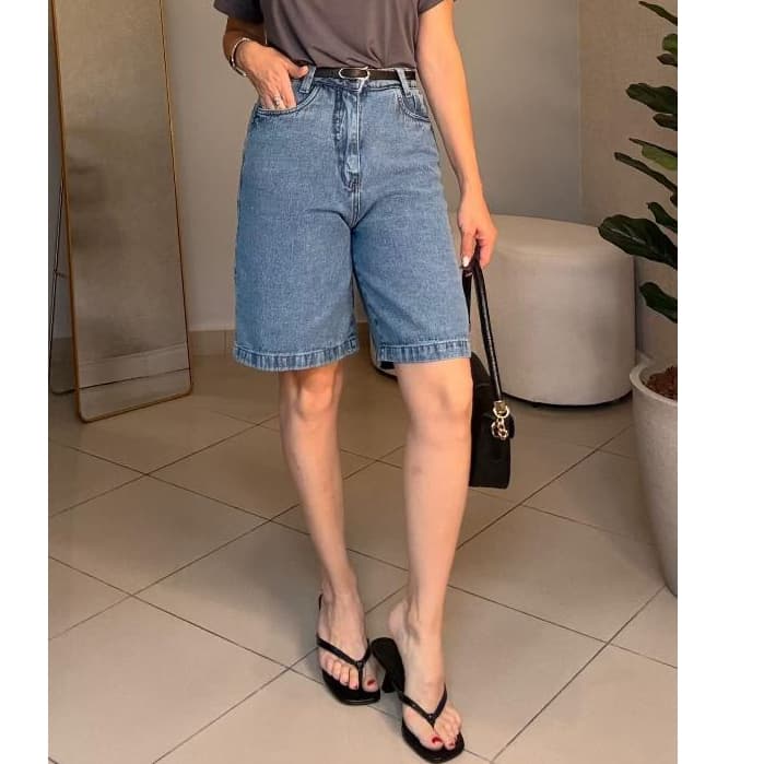 Short Jeans Bermuda sem lycra ate joelho simples casual  cintura alto Moda Street Tecido Algodão Premium