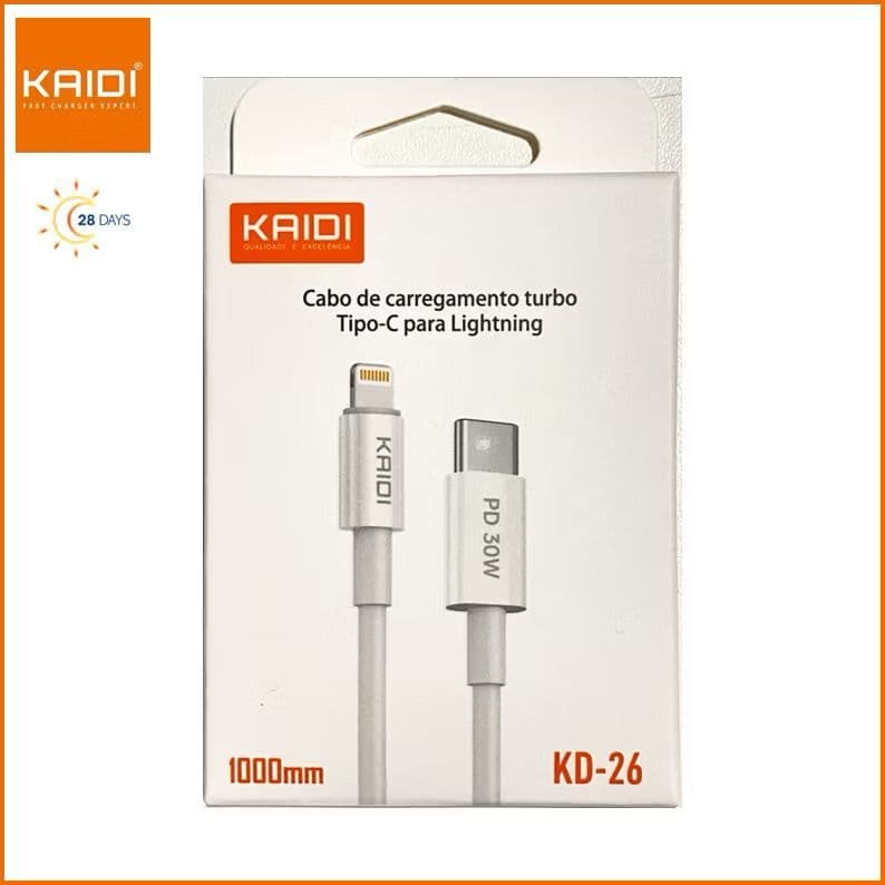 Cabo Turbo 30W Tipo C KAIDI KD-26 1metro Carregamento Rápido iPhone