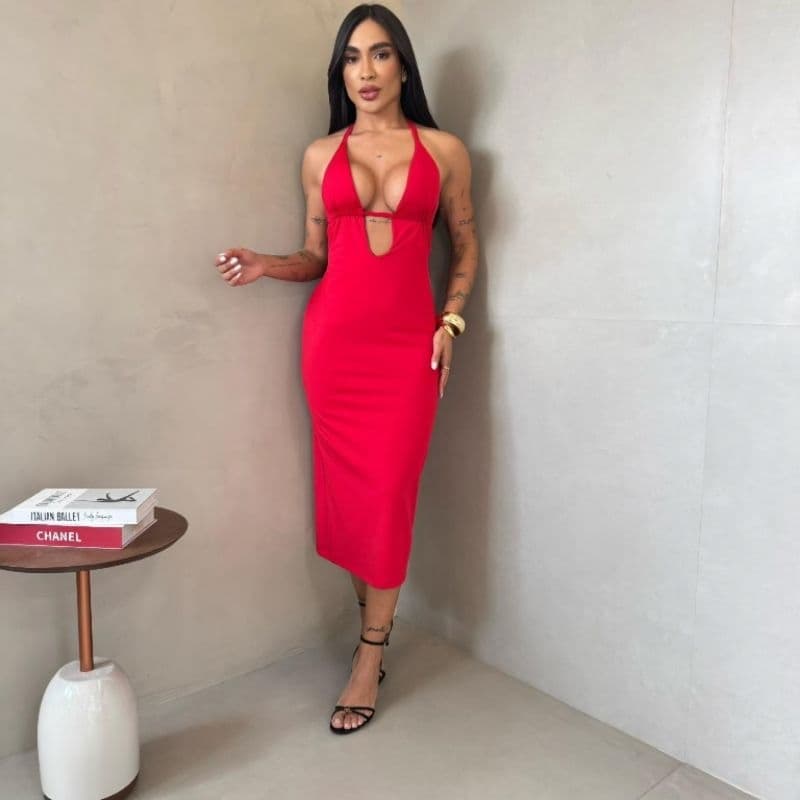 Vestido Midi Decotado com Bojo Suplex Moda Gringa Verão 2026 Balada Festa Praia Natal Final de Ano