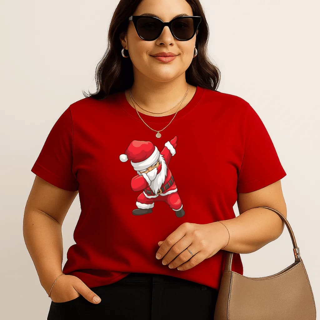 Camiseta Plus Size Feminina Estampada Boneco De Papai Noel 100% Algodão Premium Verão Academia Treino Blusa Camisa