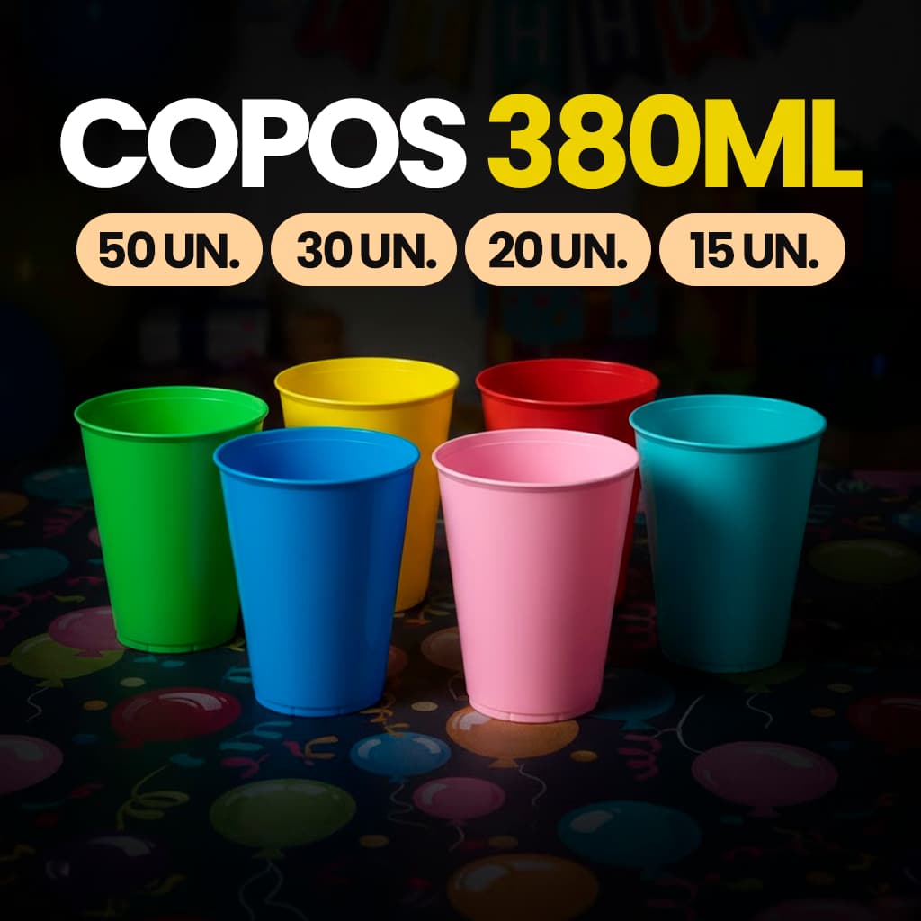 Kit Copos Plásticos 380ml Reutilizáveis Longneck Coloridos Escola Festa Infantil Personalize Evento