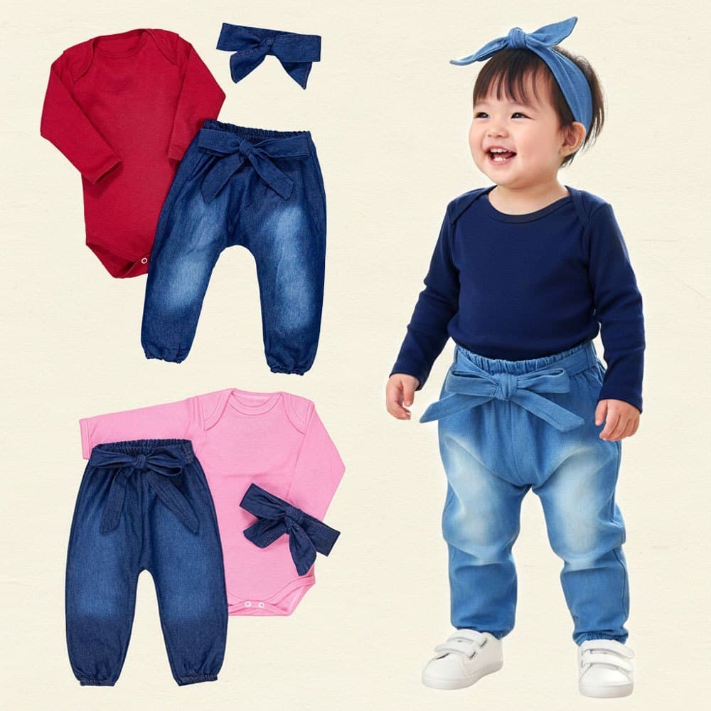 Conjunto Bebê Menina Body e Calça Jeans com Faixa – Look Completo Até 12 Meses