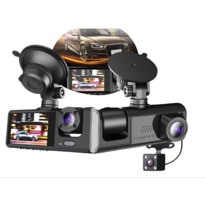 Câmera Automotiva 3 em 1 Veicular Gravação Imagem Áudio DVR Cabine Dianteira Ré Segurança Motorista App Visão Noturna