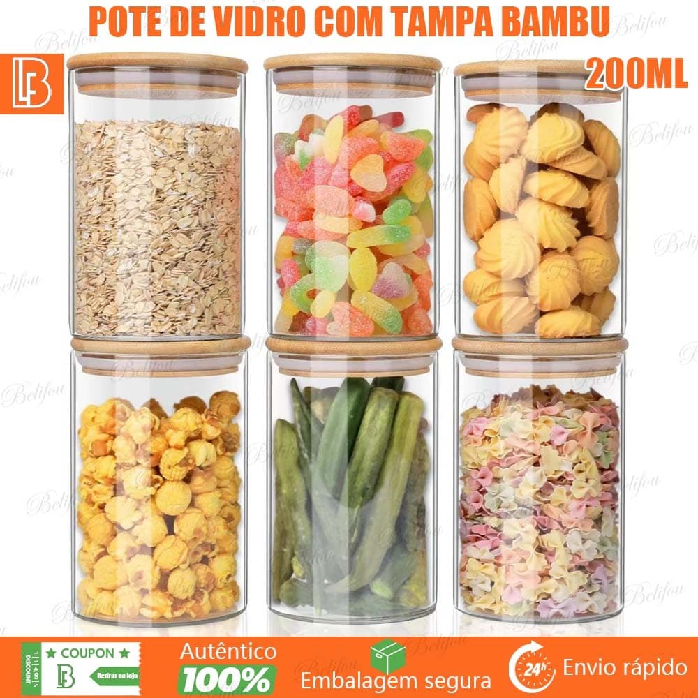 Kit 6 Potes De Vidro para Mantimentos com Tampa Bambu 200ML Potes Herméticos Prova de Odores