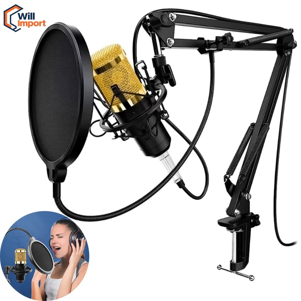 Kit Microfone Condensador Profissional Estúdio de Mesa para Criador Podcaster