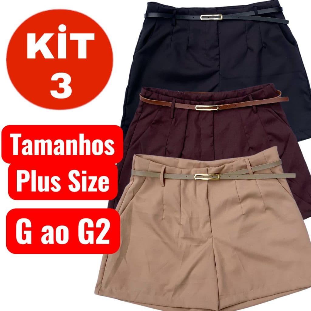 Kit 3 shorts plus size feminino de alfaitaria premium com elastano cinto de brinde bolsos e ziper moda feminina calor
