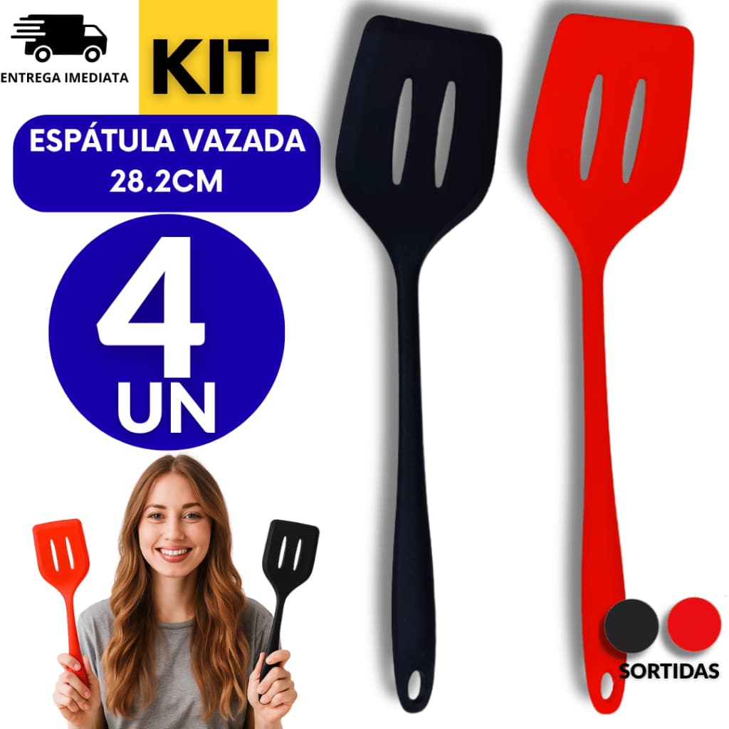 Kit Espátula Silicone Perfurada Vazada Fritura Utensílio 28,2 cm Variáveis Utilidades Casa Cozinha Buffet