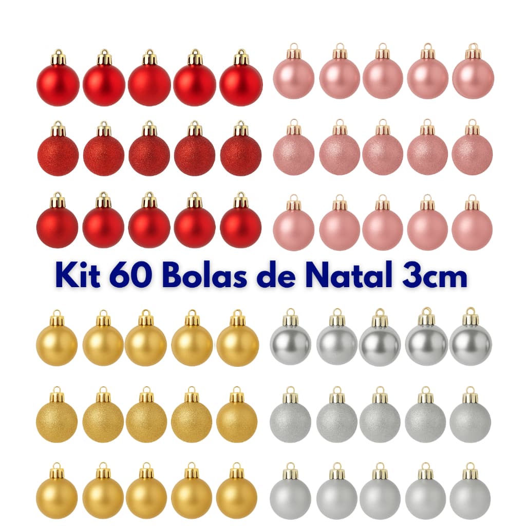 Kit 60 Bolinhas Enfeite de Árvore De Natal 3/4 Mista Lisa Fosca Glitter Decoração Natalina