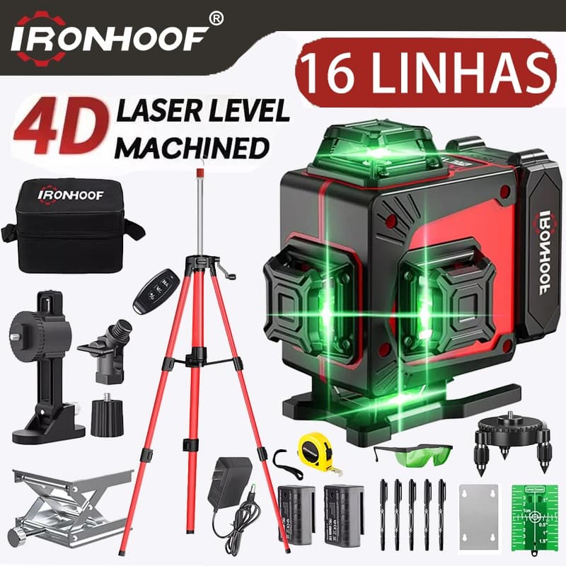 Nivel a Laser 16 Linhas com Tripé Verde Profissional Recarregável 2 Bateria