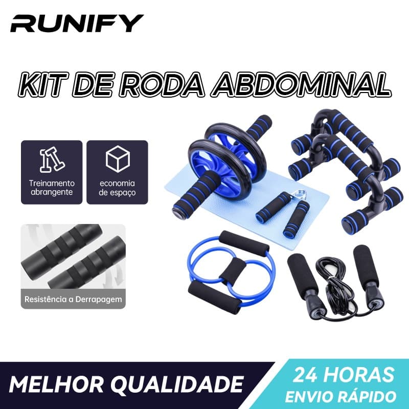 Kit Fitness 6 em 1 Roda Abdominal Flexão Corda Elástico Hand Grip Tapete Treino em Casa