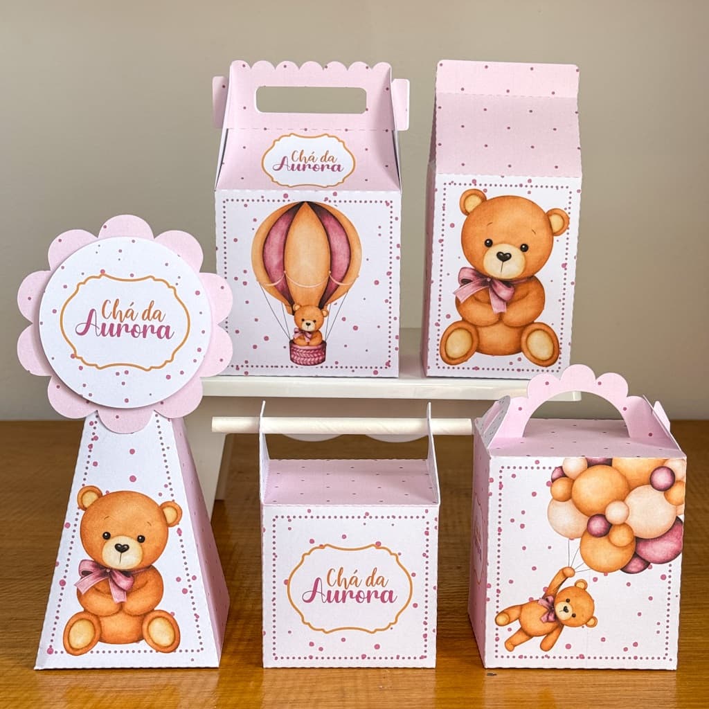 Kit Festa Chá De Bebê Ursinho Rosa Menina Papelaria Personalizada Caixinhas Caixa DESMONTADO