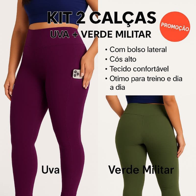 kit 2 Calça Legging Feminina Com Bolso Lateral Fitness Esportiva Ideal Para Guardar Objetos.