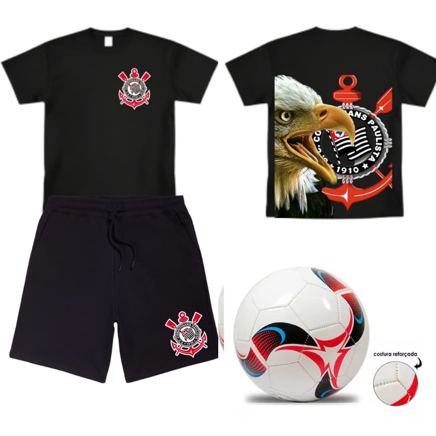 Conjunto infantil camiseta bermuda aguia gaviao do 4 ao 16+ bola futebol time