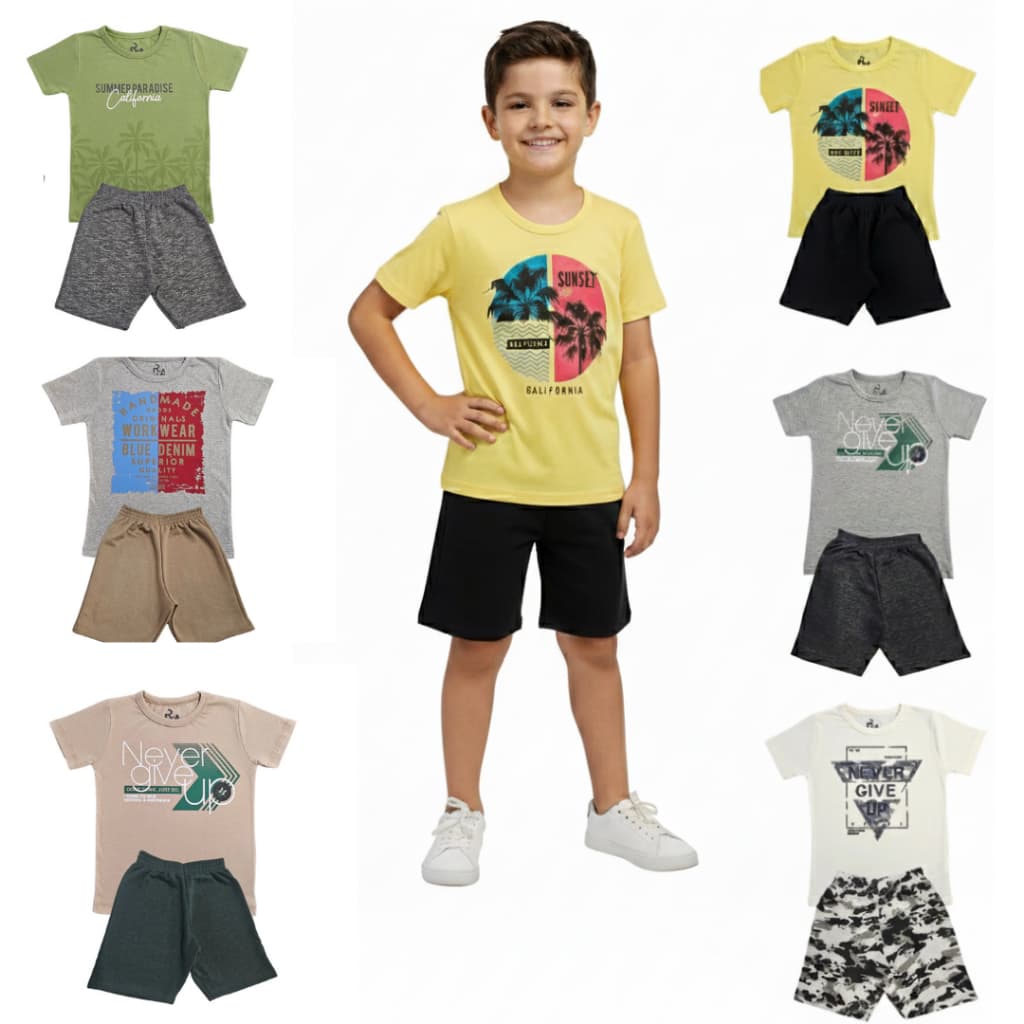 Kit 6 Conjuntos 12 Peças Infantil Masculino Camiseta e Bermuda Algodão Moda Casual Dia a Dia Verão