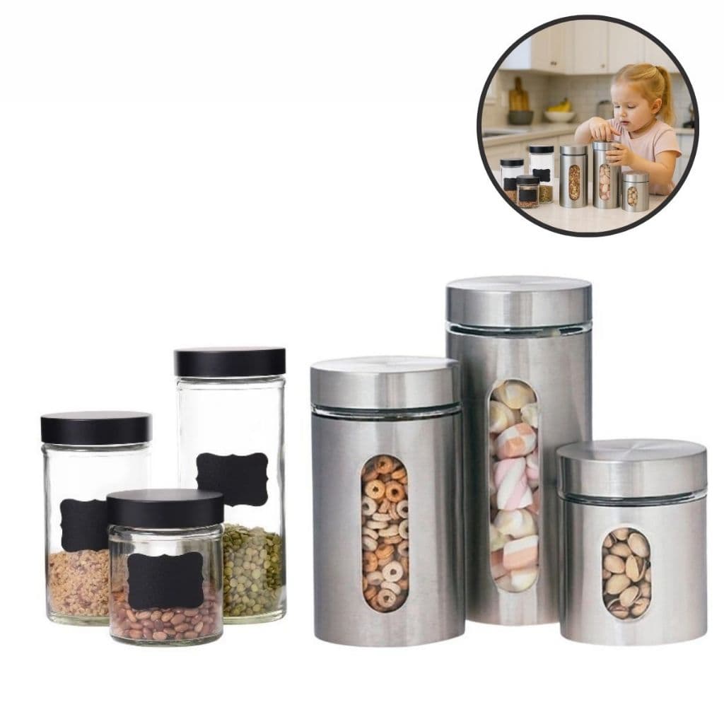 Kit 3 Potes com Lousa Preta + 3 Potes Aço Inox Mantimentos Cozinha Organização