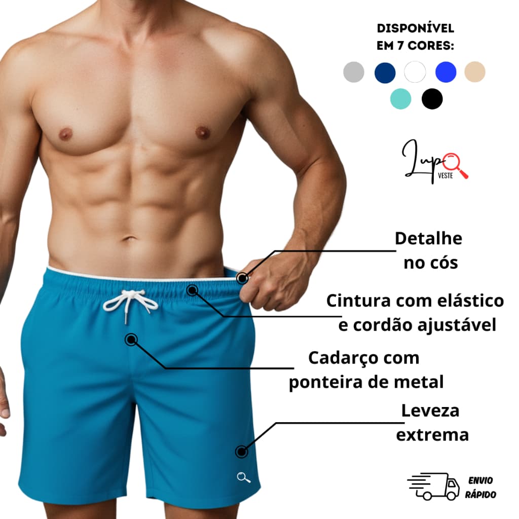 Short Liso Mauricinho Bermuda Esporte Elastano Tactel Dry fit Dia Dia de Praia Piscina Academia