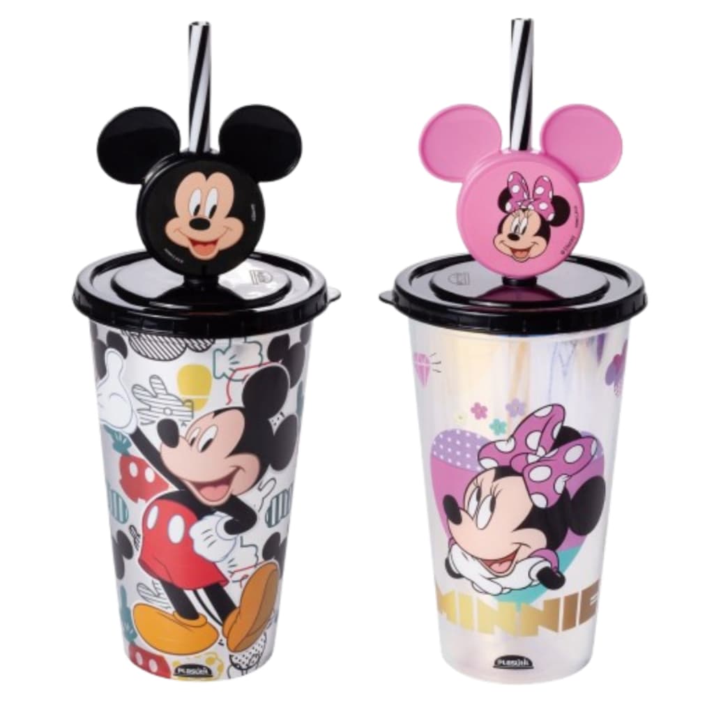 Copo com Canudo Refri com Pin Minnie e Mickey  500 mL Plasútil Resistente Seguro Divertido