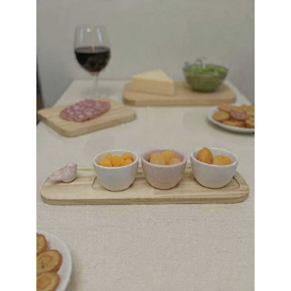 Tábua de Frios Petisqueira Aperitivos Porta Molho Tábua de Madeira e Cumbuca de Porcelana Passarinho Rose