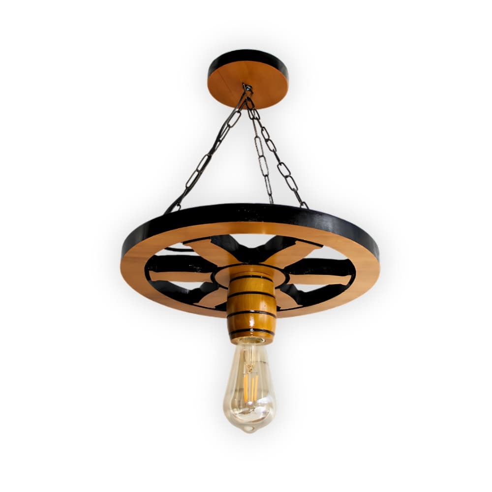 Luminária Lustre Roda de Carroça 33cm Pendente de Madeira Maciça Rústica Vintage - Cerejeira