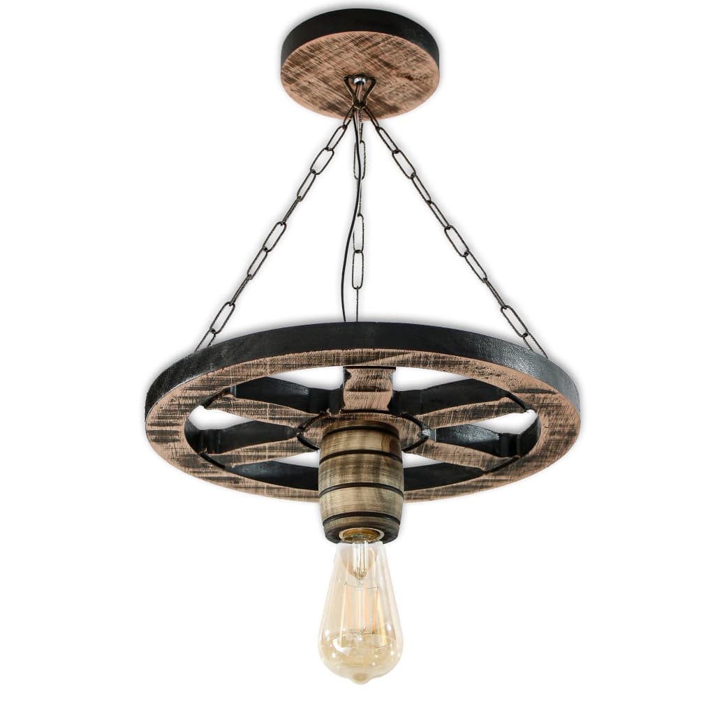 Luminária Lustre Roda de Carroça 33cm Pendente de Madeira Maciça Rústica Colonial Vintage - Rústico