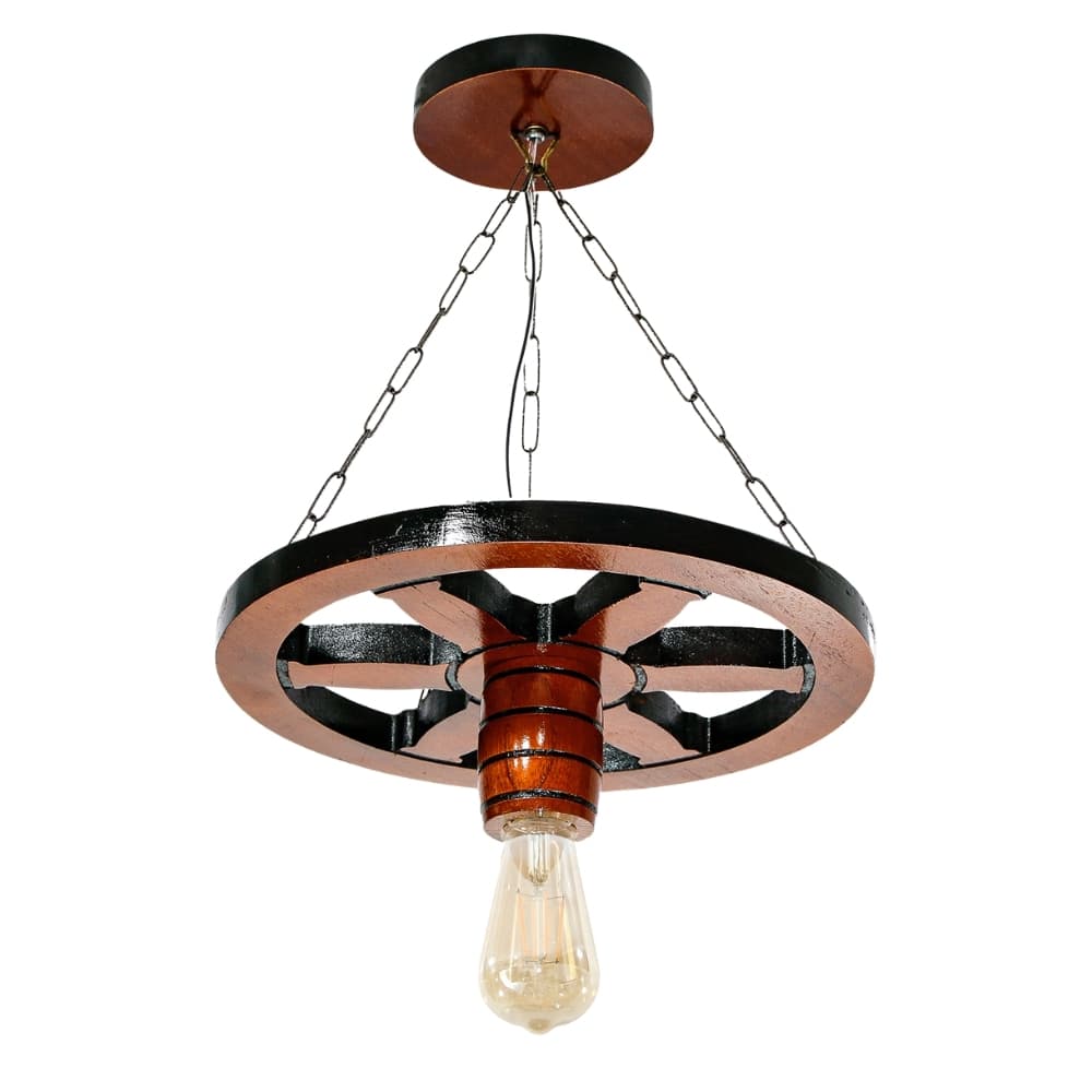 Luminária Lustre Roda de Carroça 33cm Pendente de Madeira Maciça Rústica Colonial Vintage - Mogno