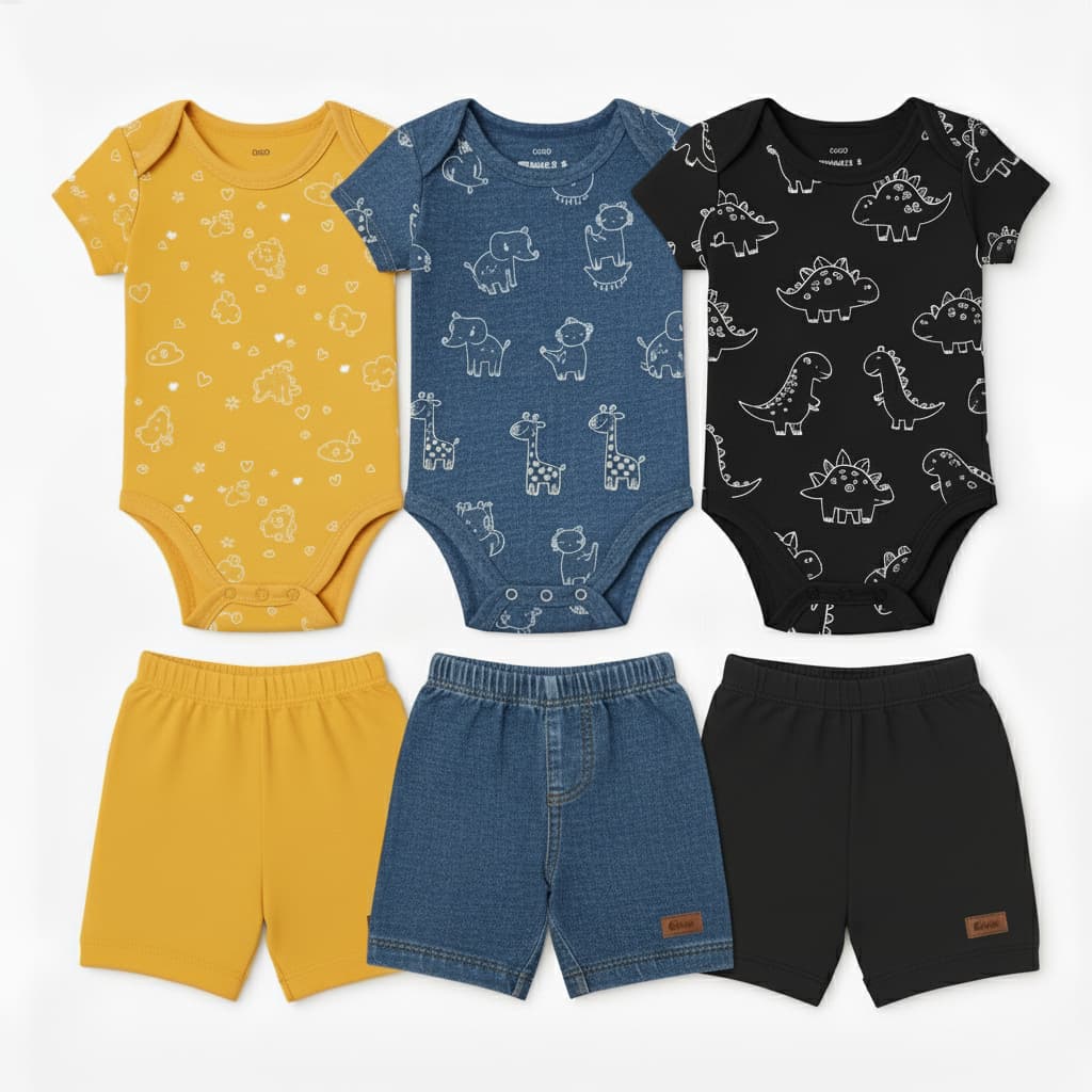 Conjunto Body Manga + Shorts Menino Bebê Infantil Algodão Premium Estampados P M G GG