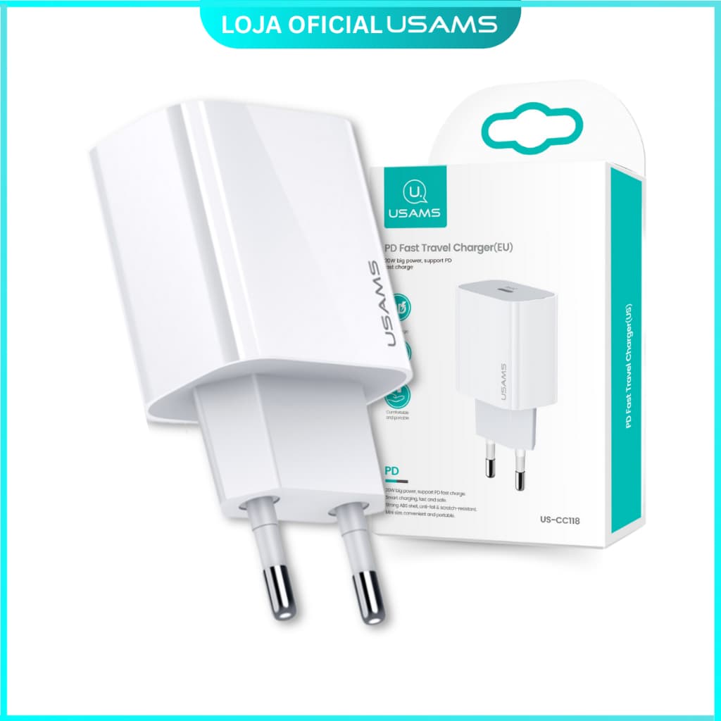 USAMS  Carregador de parede Rápido Turbo  20W Tipo C PD – iPhone e Samsung